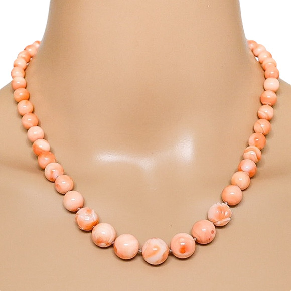 Salmon Pink Peach Momo Coral Necklace - New Strung w NOS Beads - 40g 18” - Picture 1 of 11